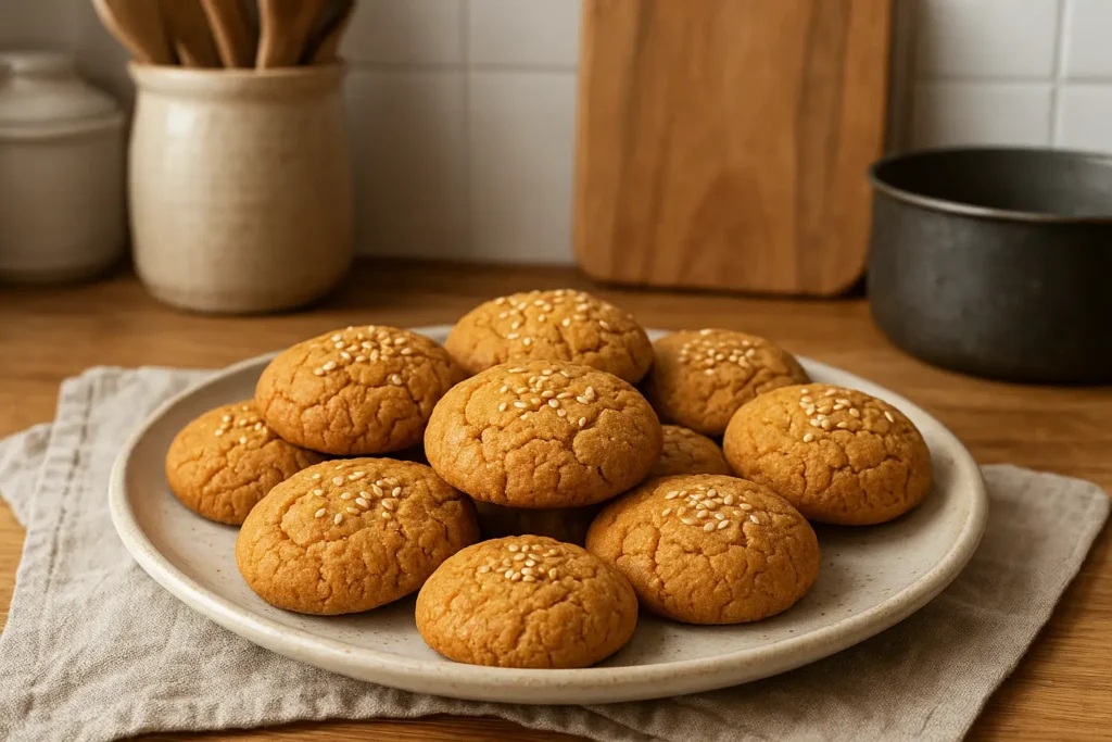 Photo d'un gâteau marocain cacahuète fait maison, moelleux et doré, préparé avec des cacahuètes grillées et parfait pour le Ramadan ou l'Aïd.