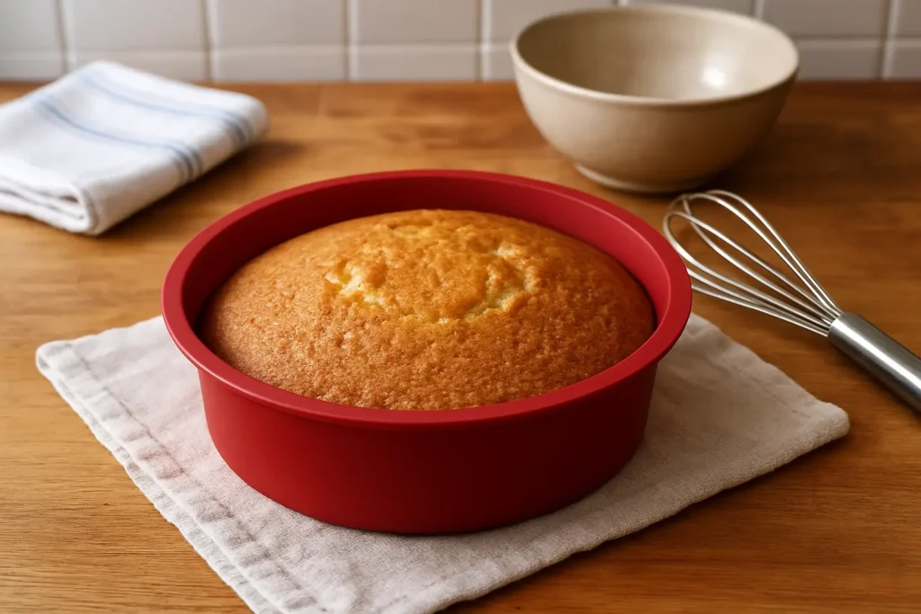 Gâteau moelleux à la vanille cuit dans un petit moule en silicone, doré et fondant