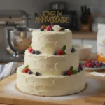 Pièce montée maison à trois étages décorée de crème vanille et fruits frais pour un gâteau d’anniversaire élégant et facile.