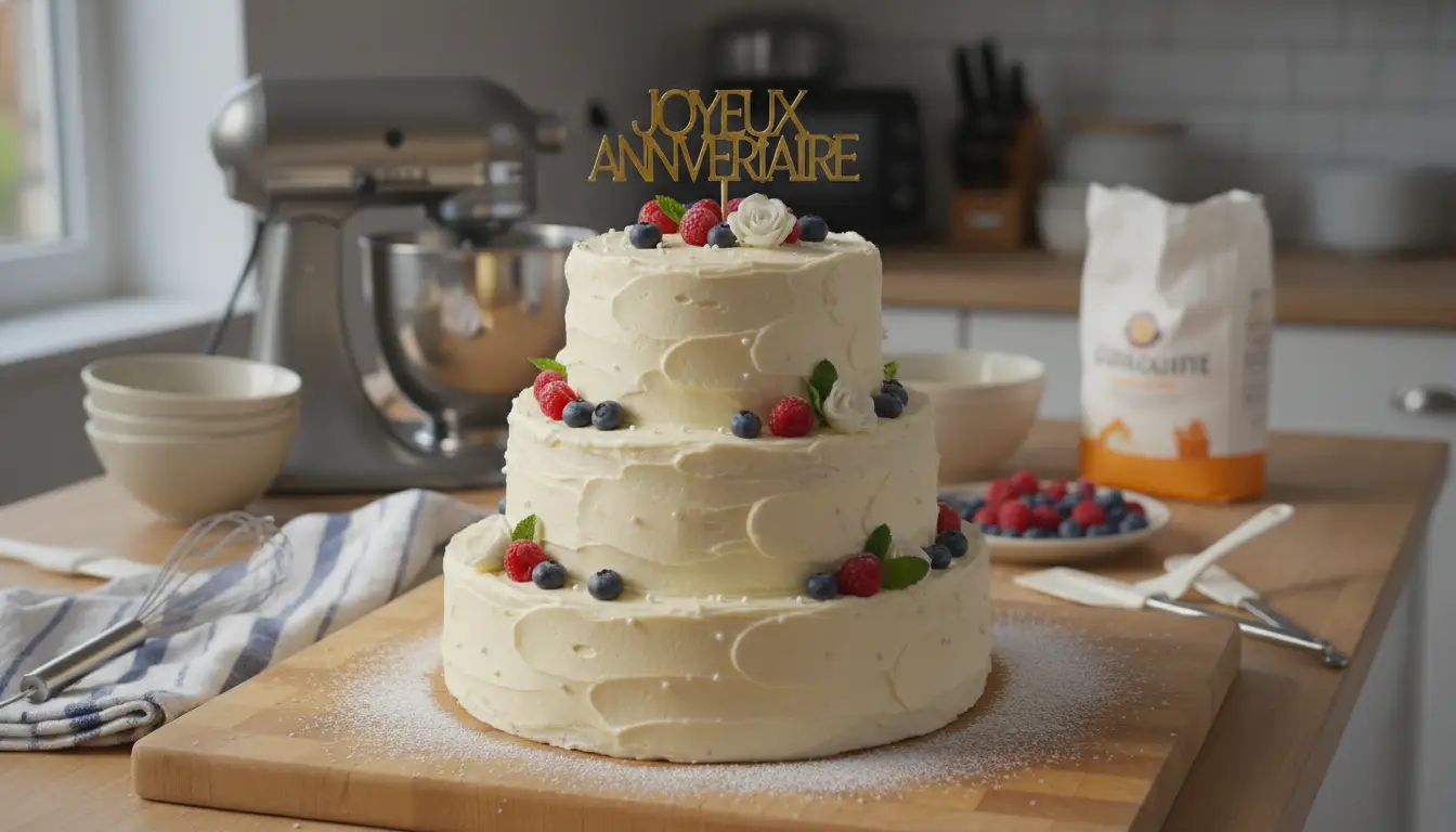 Pièce montée maison à trois étages décorée de crème vanille et fruits frais pour un gâteau d’anniversaire élégant et facile.