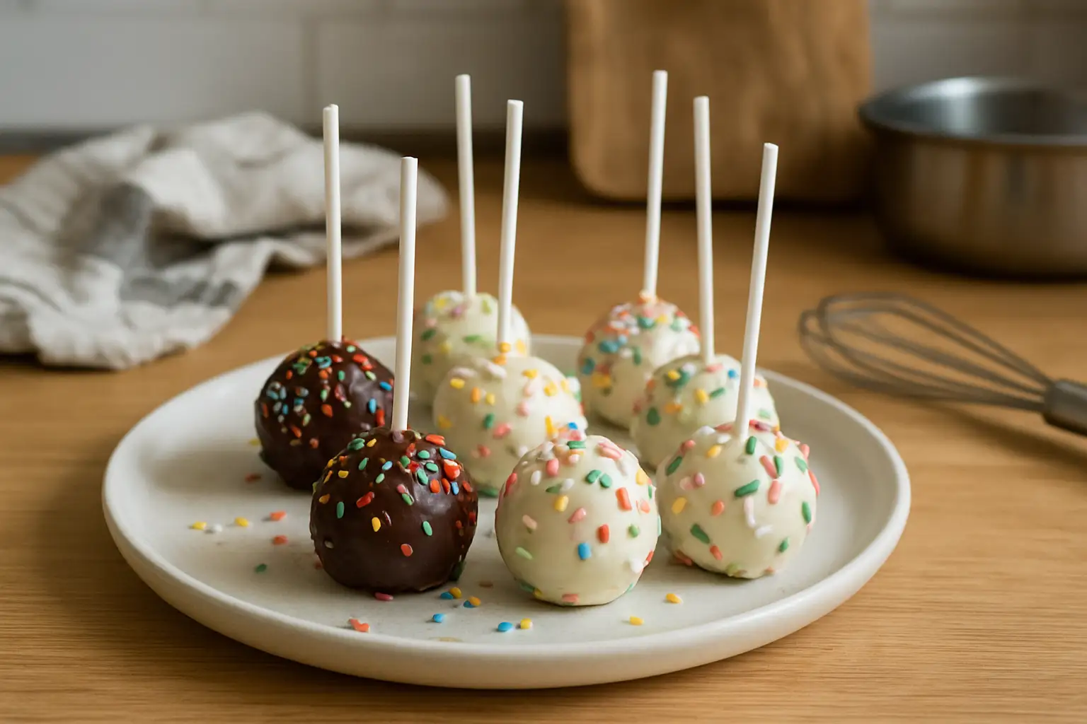 Gâteau sucette maison recouvert de chocolat et décoré de sprinkles colorés