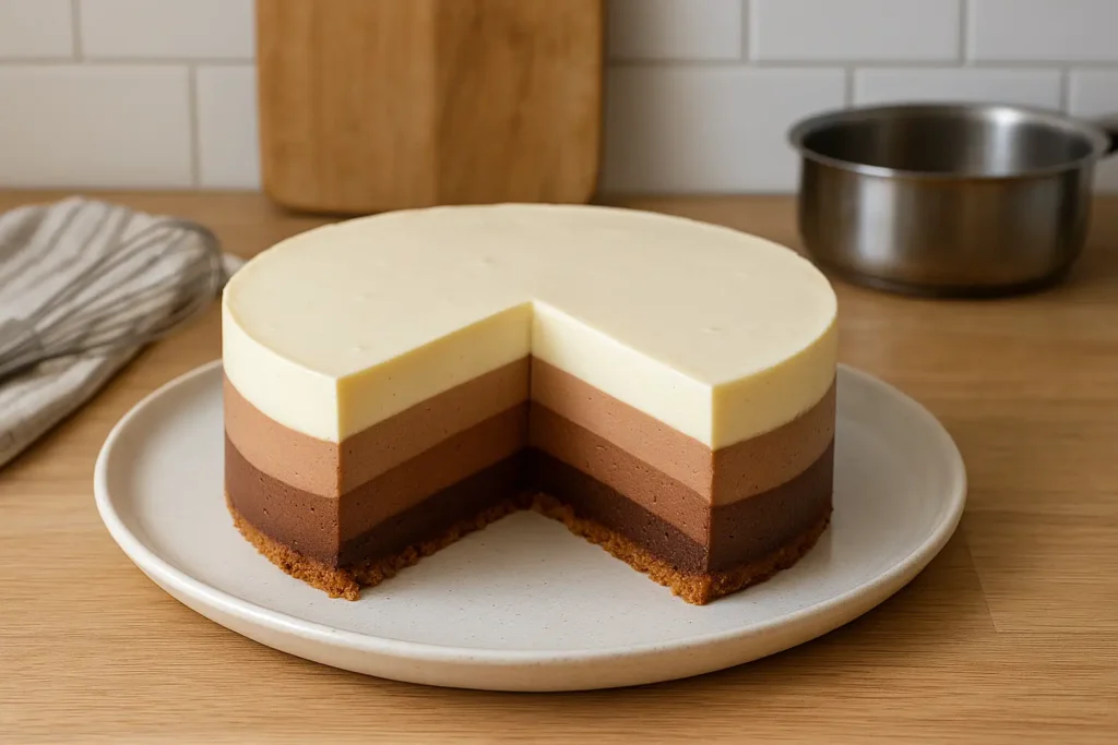 Gâteau trois chocolats maison avec trois couches de mousse au chocolat noir, au lait et blanc sur base croustillante, photographié dans une cuisine familiale avec lumière naturelle.