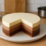 Gâteau trois chocolats maison avec trois couches de mousse au chocolat noir, au lait et blanc sur base croustillante, photographié dans une cuisine familiale avec lumière naturelle.