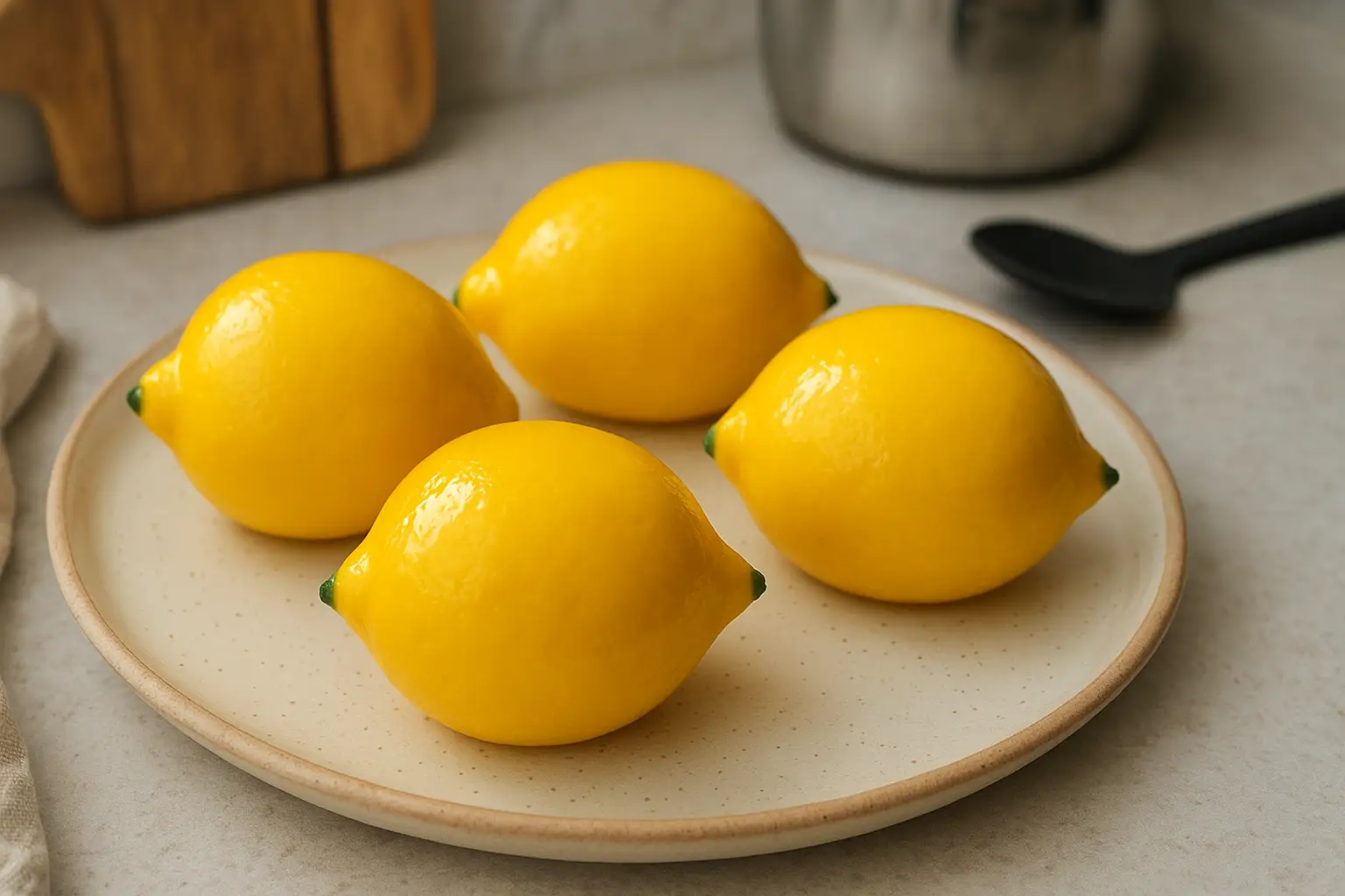 gâteau trompe l'oeil au citron réaliste sur une assiette, dessert trompe l'oeil maison