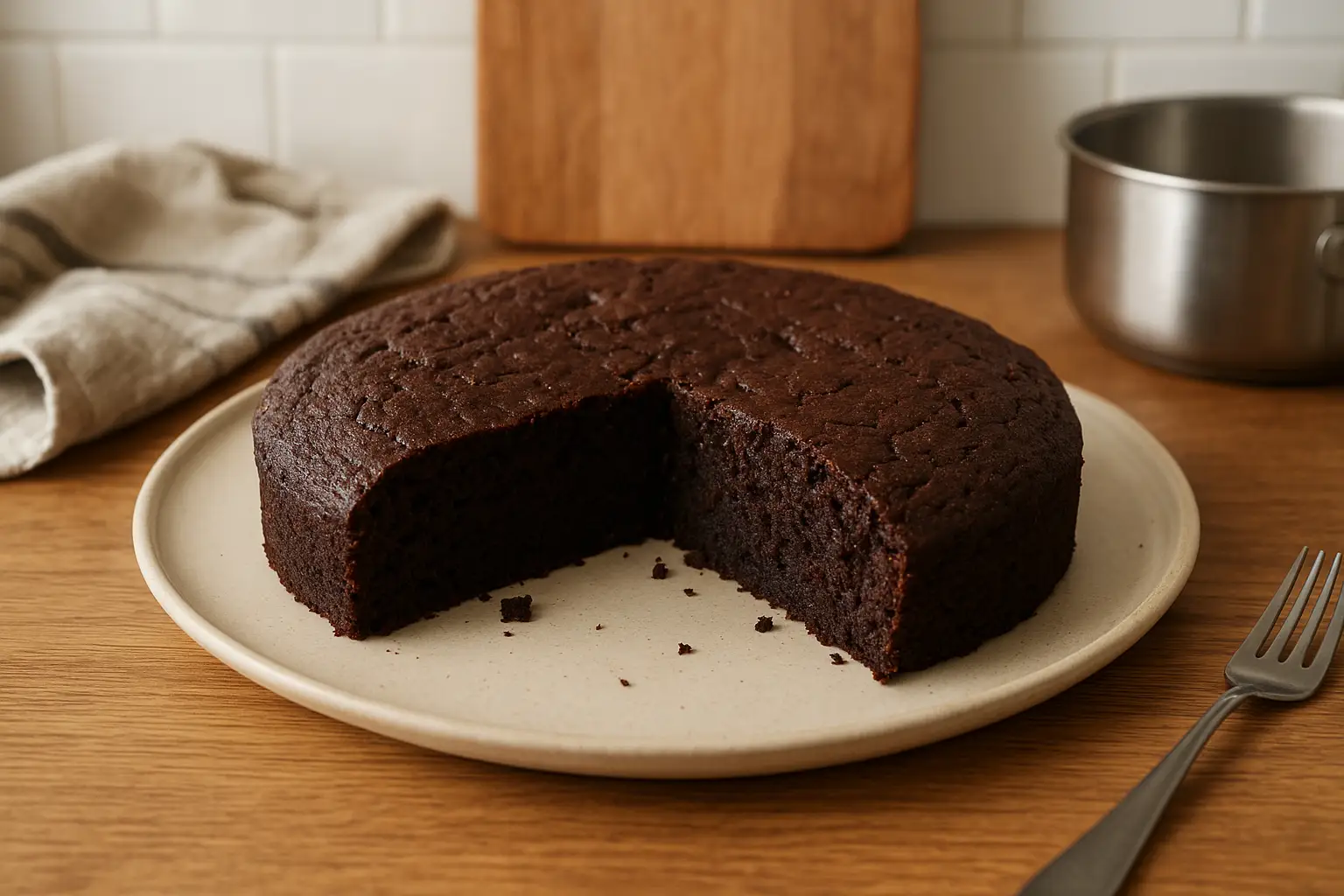 Photo d’un gâteau végétalien facile et moelleux au chocolat, fait maison, sans œufs ni lait, posé sur un plan de travail de cuisine avec des ustensiles autour – une recette vegan simple, gourmande et 100 % végétale.