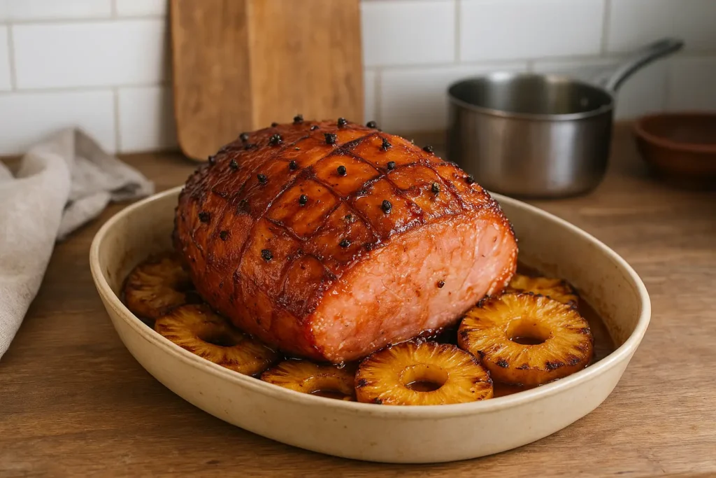 Jambon de Noël antillais fait maison, rôti et caramélisé, dans une cuisine familiale