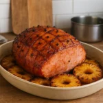 Jambon de Noël antillais fait maison, rôti et caramélisé, dans une cuisine familiale