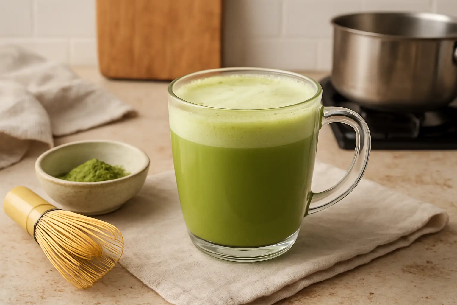 matcha latte recette maison facile et healthy avec mousse onctueuse - boisson au matcha japonais - latte matcha chaud ou glacé