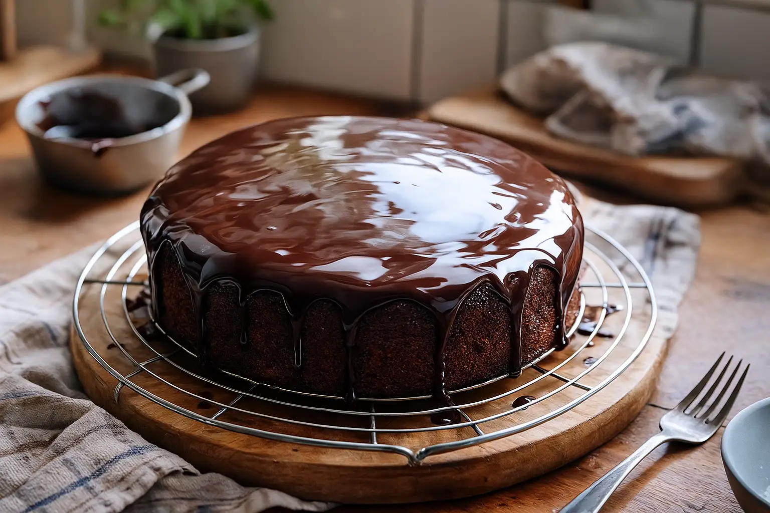Nappage chocolat brillant pour gâteau versé sur un dessert maison
