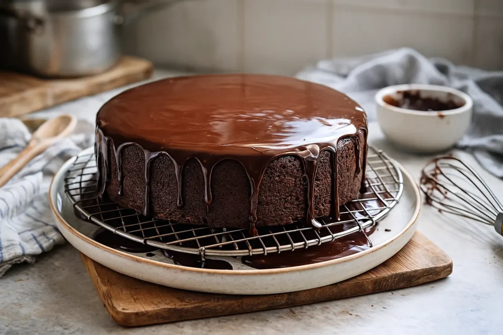 Nappage chocolat brillant pour gâteau versé délicatement sur un dessert maison