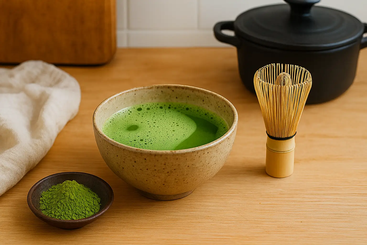 Photo d’un thé matcha maison crémeux, préparé avec un fouet en bambou et une poudre de matcha verte intense, présenté dans un bol traditionnel japonais.