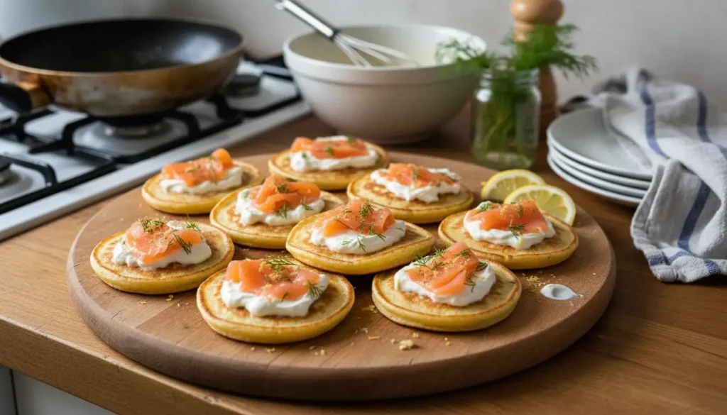 Blinis au saumon fumé garnis de crème fraîche et d’aneth, présentés sur une planche en bois, apéritif chic et facile pour les fêtes de Noël.