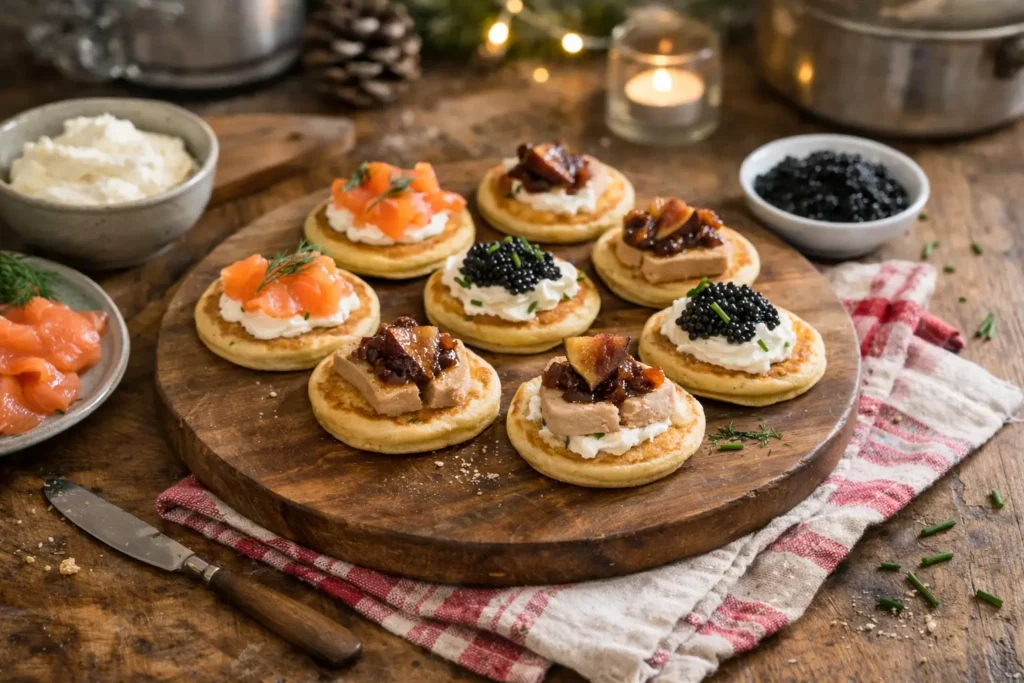 Blinis de Noël maison garnis de saumon fumé, fromage frais et foie gras, servis en apéritif de fêtes sur une table conviviale