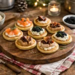 Blinis de Noël maison garnis de saumon fumé, fromage frais et foie gras, servis en apéritif de fêtes sur une table conviviale