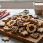 Assorted Bredele de Noël Christmas cookies displayed on a wooden board, filled with raspberry jam and decorated with chocolate drizzle, surrounded by baking tools and festive kitchen accessories.