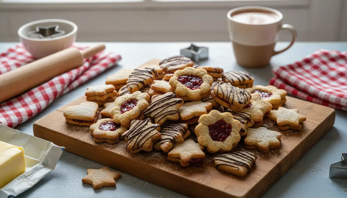 Assorted Bredele de Noël Christmas cookies displayed on a wooden board, filled with raspberry jam and decorated with chocolate drizzle, surrounded by baking tools and festive kitchen accessories.