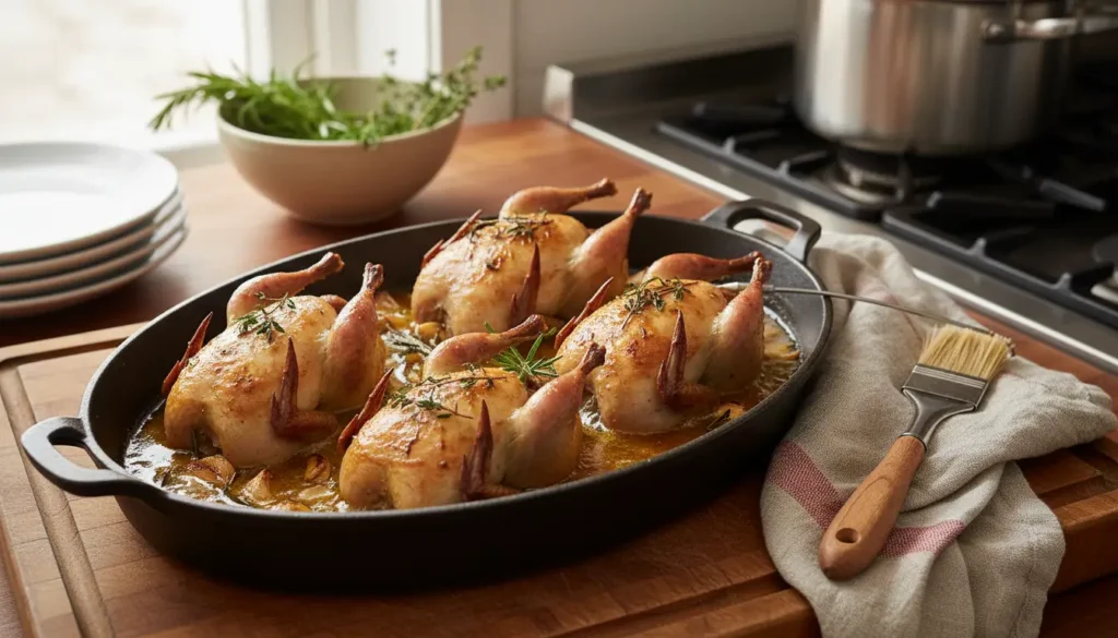 Cailles de Noël rôties au four, quails dorées et croustillantes aux herbes aromatiques, servies dans un plat en fonte pour un repas de fête élégant.