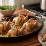 Cailles de Noël rôties au four, quails dorées et croustillantes aux herbes aromatiques, servies dans un plat en fonte pour un repas de fête élégant.