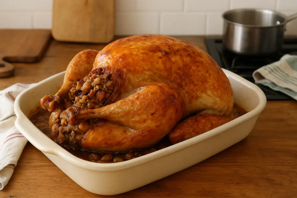 Chapon de Noël farci aux marrons doré au four, présenté sur une table de fête