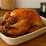 Chapon de Noël farci aux marrons doré au four, présenté sur une table de fête