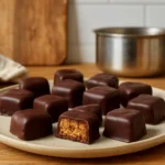 Chocolats de Noël maison au praliné croustillant sur assiette dans une cuisine chaleureuse