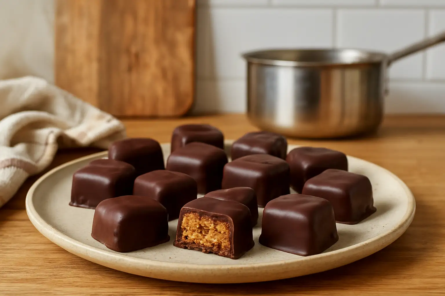Chocolats de Noël maison au praliné croustillant sur assiette dans une cuisine chaleureuse