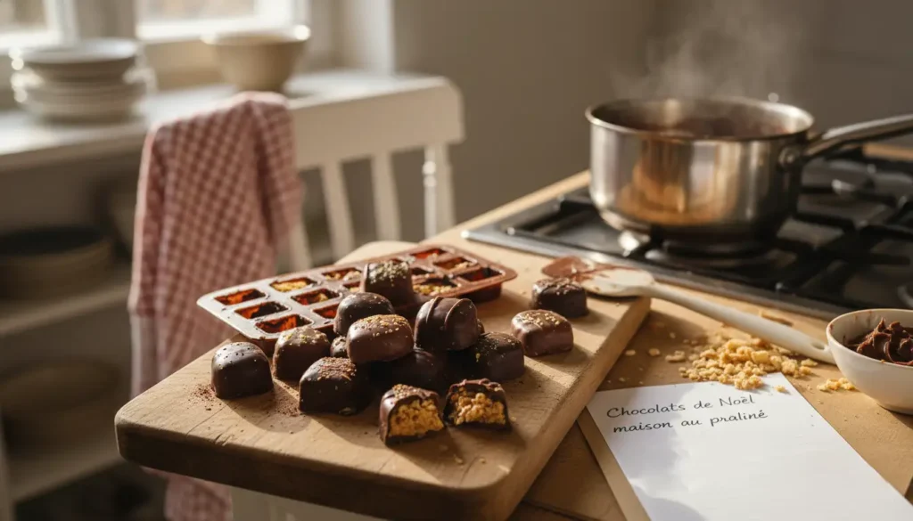 Chocolats de Noël maison au praliné posés sur une planche en bois, avec moule en silicone et casserole de chocolat fondu dans une cuisine lumineuse.