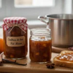 Jars of homemade Confiture de Noël aux pommes et épices on a wooden board, with citrus fruits, ginger, cinnamon, and toast in a cozy kitchen setting.