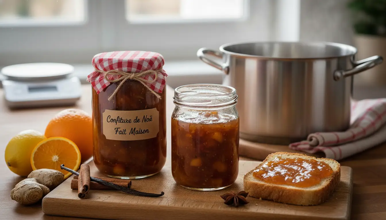 Jars of homemade Confiture de Noël aux pommes et épices on a wooden board, with citrus fruits, ginger, cinnamon, and toast in a cozy kitchen setting.