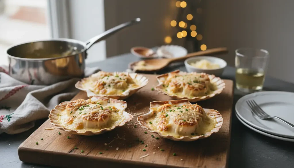 Coquilles Saint-Jacques gratinées de Noël servies dans leurs coquilles, dorées au four avec sauce crémeuse et fromage, sur un plateau en bois.
