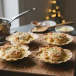 Coquilles Saint-Jacques gratinées de Noël servies dans leurs coquilles, dorées au four avec sauce crémeuse et fromage, sur un plateau en bois.