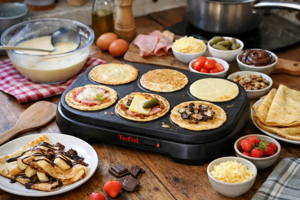 Crepe party maison avec appareil crepe party, crêpes sucrées et salées et garnitures variées sur table conviviale