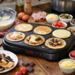 Crepe party maison avec appareil crepe party, crêpes sucrées et salées et garnitures variées sur table conviviale