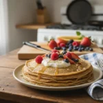 Crêpes healthy garnies de yaourt, fraises, framboises, myrtilles et filet de miel sur une table en bois