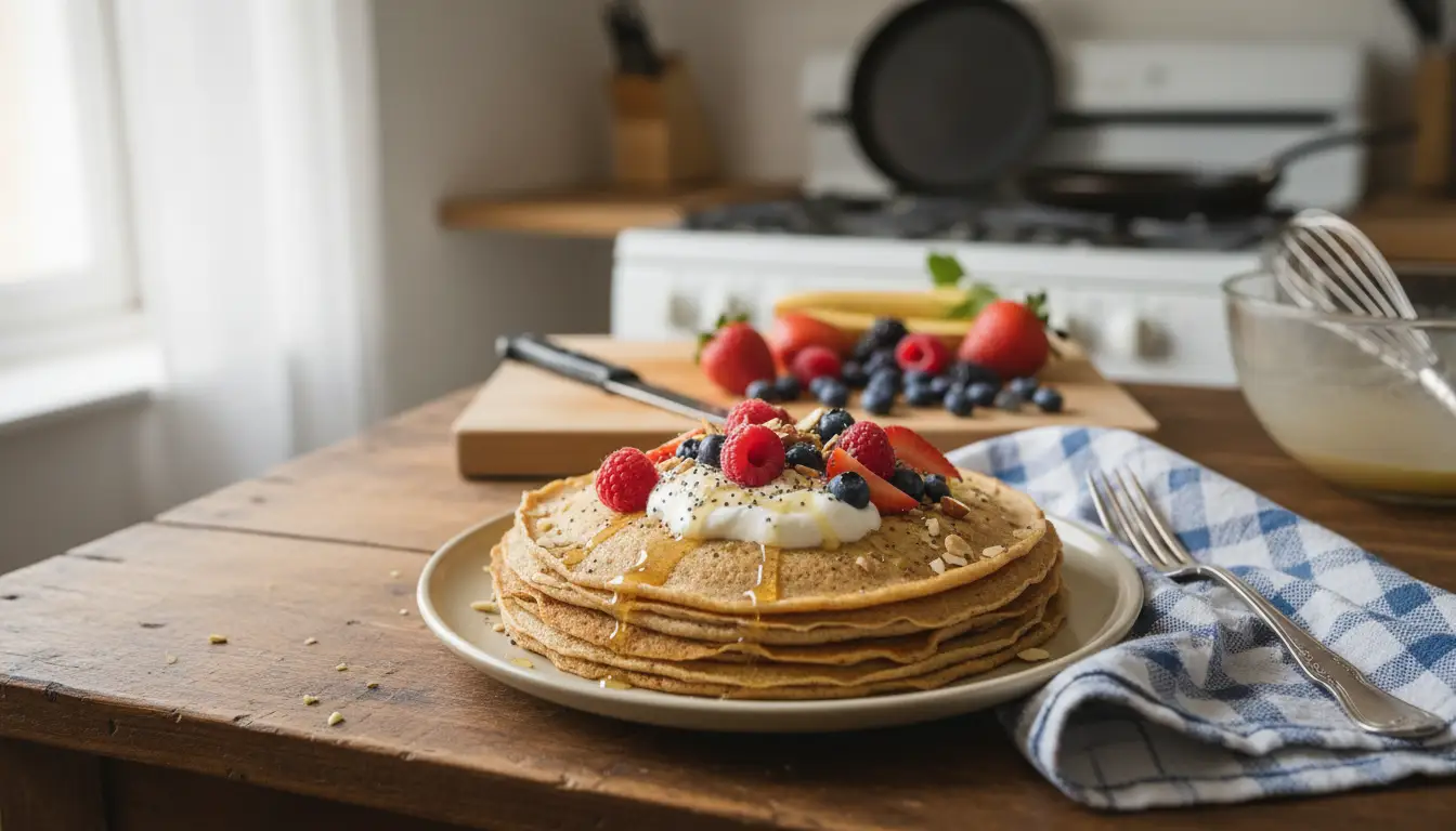 Crêpes healthy garnies de yaourt, fraises, framboises, myrtilles et filet de miel sur une table en bois