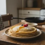 Pile de crêpes sans œuf moelleuses, nappées de miel et garnies de fruits rouges, servies sur une table en bois dans une cuisine lumineuse.