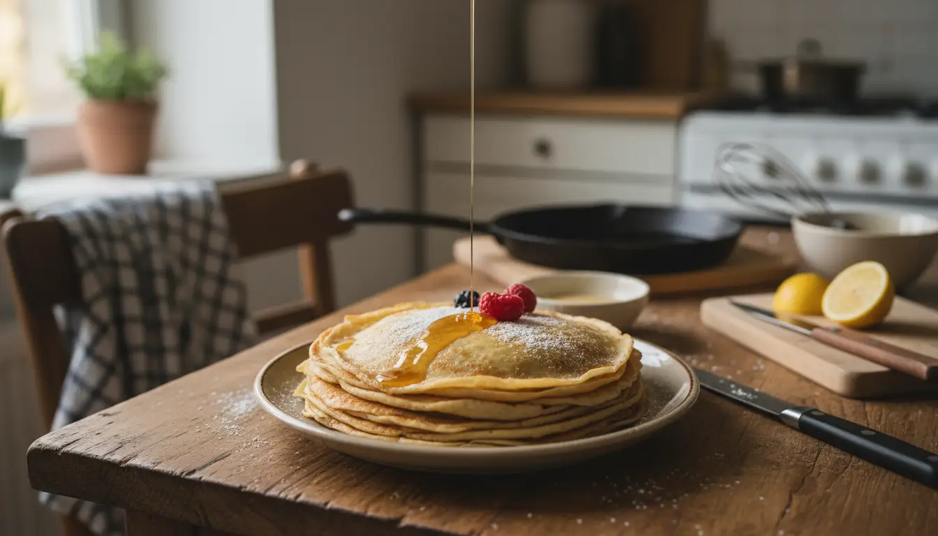 Pile de crêpes sans œuf moelleuses, nappées de miel et garnies de fruits rouges, servies sur une table en bois dans une cuisine lumineuse.