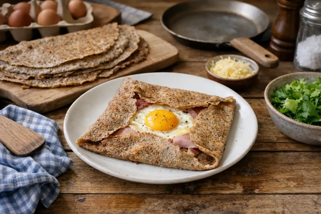 Crêpe sarrasin traditionnelle bretonne faite maison dans une cuisine familiale