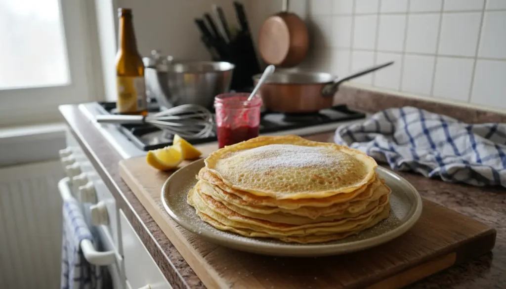 Crêpes à la bière maison empilées sur une assiette, saupoudrées de sucre, dans une cuisine lumineuse