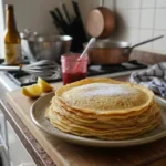 Crêpes à la bière maison empilées sur une assiette, saupoudrées de sucre, dans une cuisine lumineuse