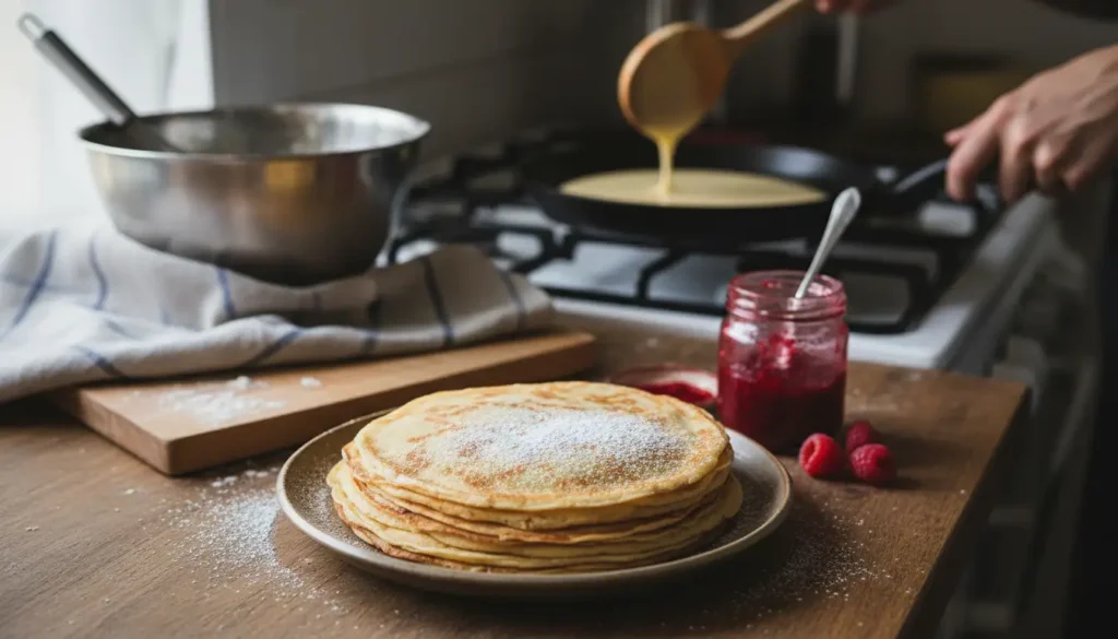 Crêpes sans beurre maison moelleuses et légères dans une cuisine familiale