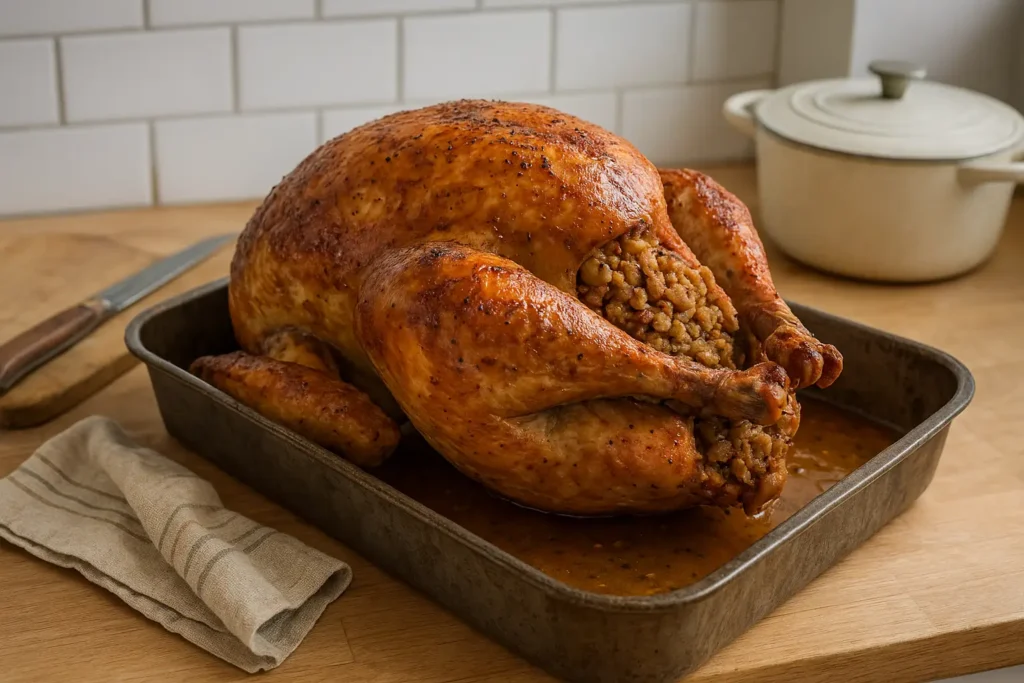 Dinde de Noël farcie aux marrons maison, rôtie au four et servie pour le repas de fête