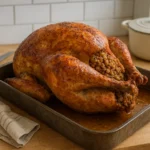 Dinde de Noël farcie aux marrons maison, rôtie au four et servie pour le repas de fête