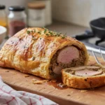 Filet mignon de Noël en croûte dorée et fondante, rôti et enveloppé dans une pâte feuilletée croustillante.