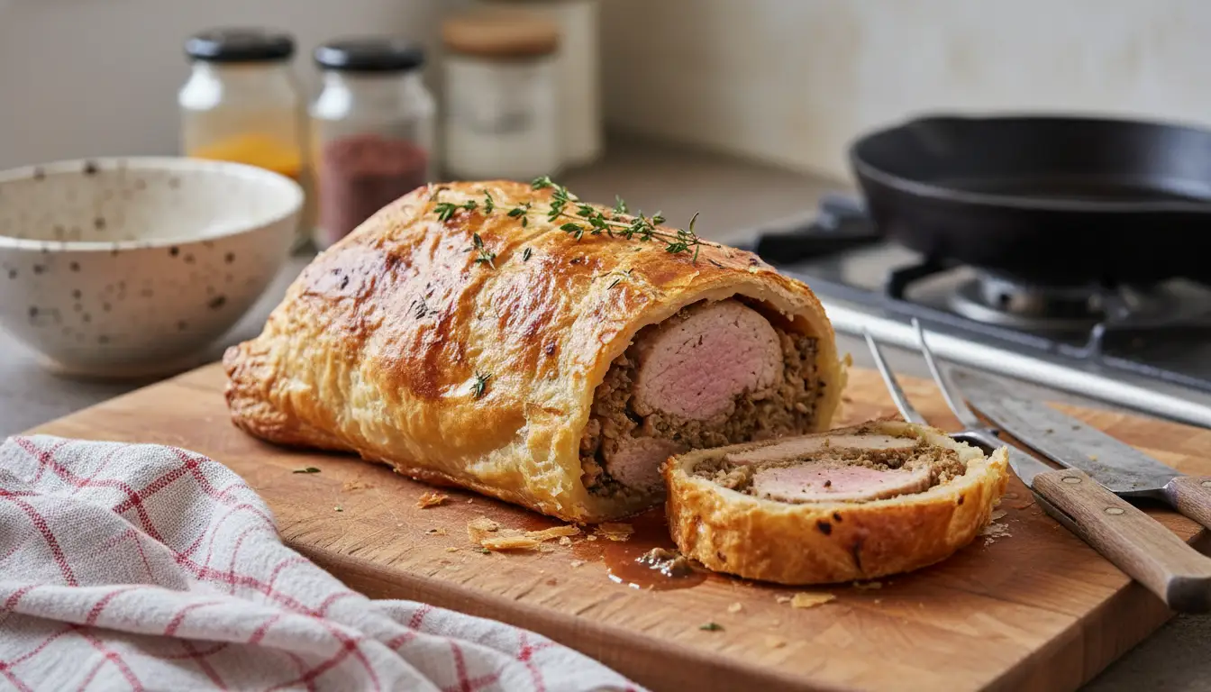 Filet mignon de Noël en croûte dorée et fondante, rôti et enveloppé dans une pâte feuilletée croustillante.