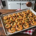 Gambas rôties de Noël sur une plaque de cuisson, assaisonnées d’herbes et d’ail, servies dans une cuisine rustique pour une recette de fêtes.