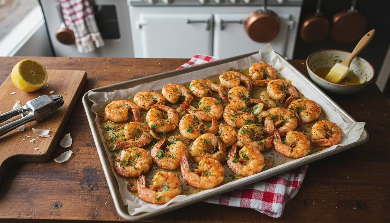 Gambas rôties de Noël sur une plaque de cuisson, assaisonnées d’herbes et d’ail, servies dans une cuisine rustique pour une recette de fêtes.