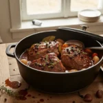 Gibier de Noël mijoté en cocotte avec sauce au vin rouge, légumes d’hiver rôtis et herbes aromatiques, plat festif traditionnel des fêtes de fin d’année.