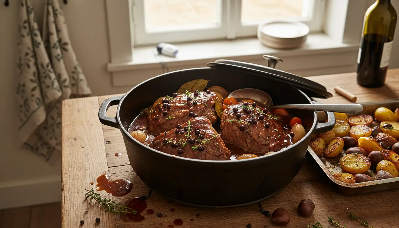 Gibier de Noël mijoté en cocotte avec sauce au vin rouge, légumes d’hiver rôtis et herbes aromatiques, plat festif traditionnel des fêtes de fin d’année.