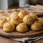 Gougères de Noël dorées et croustillantes, petits choux salés au fromage disposés sur une planche en bois, parfaits pour un apéritif festif de Noël.